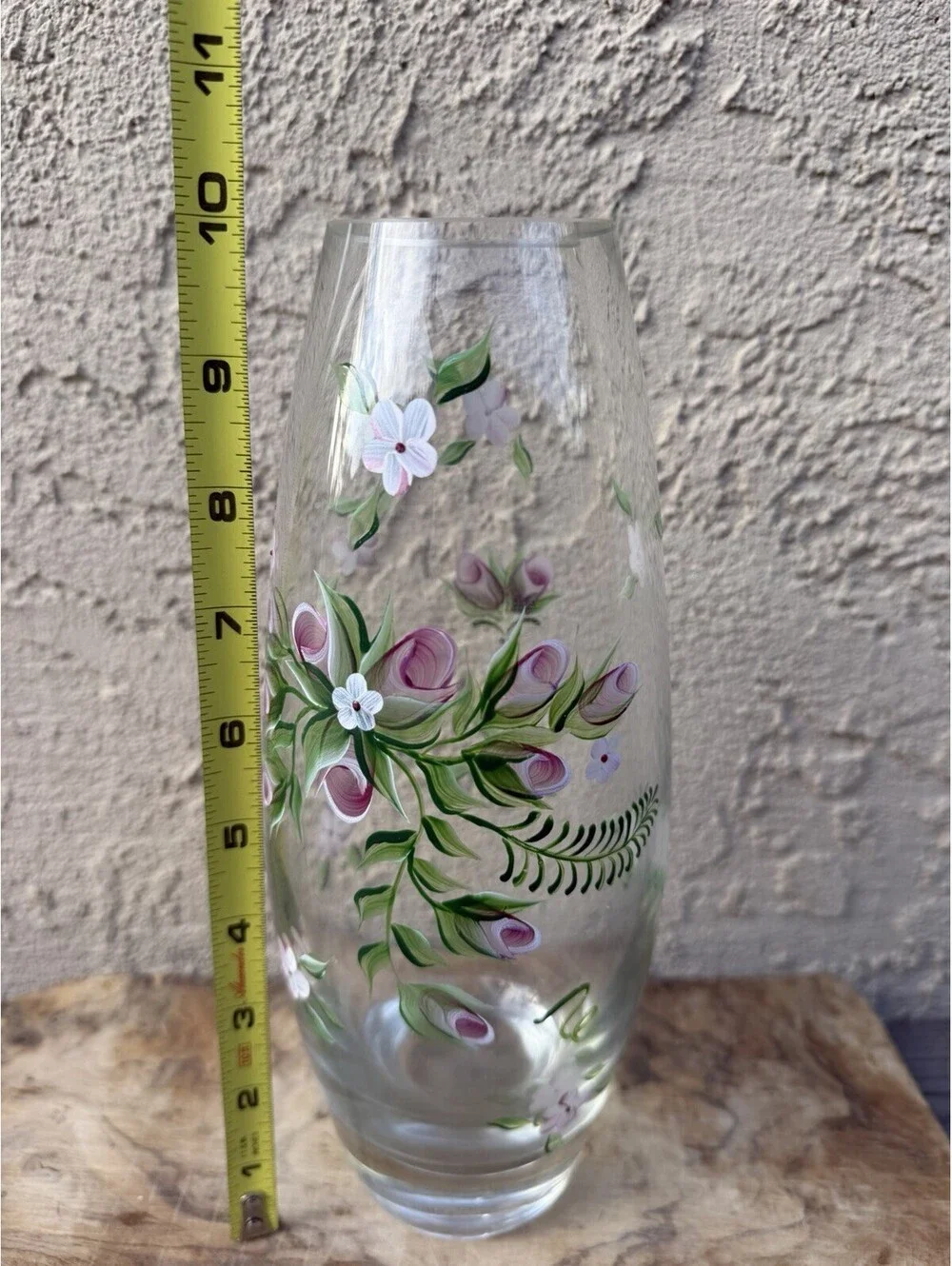Vintage Hand Painted Glass Vase Pink Floral Flowers Art Deco Style 10 Inch